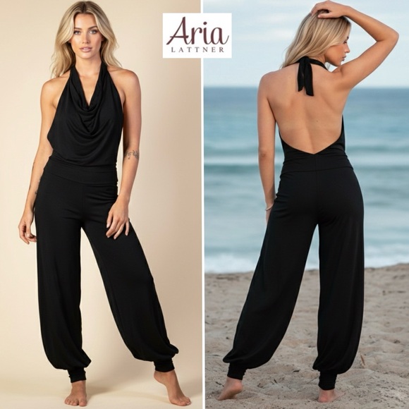 NWT Aria Lattner Black Bamboo Organic Cotton Halter Jumpsuit Boho Yoga Lounge L